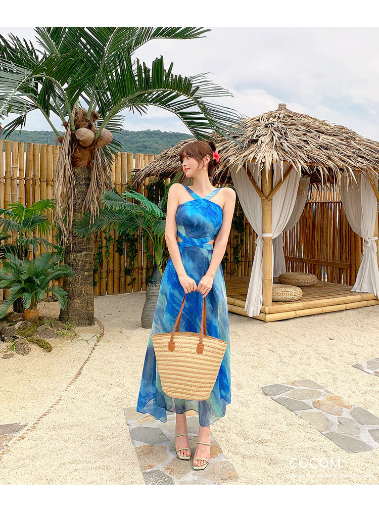 Foreign Trade Women's 2025 Summer New Temperament Sling Long Dress Fashion Waist Chiffon Printed Large Swing Dress dress
