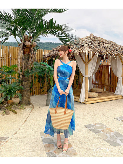 Foreign Trade Women's 2025 Summer New Temperament Sling Long Dress Fashion Waist Chiffon Printed Large Swing Dress dress