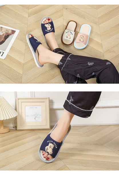 Bear Style Indoor Linen Slippers for Women Summer Home Non-Slip Women's Spring & Fall Seasons Fabric Floor Mops