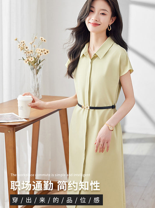 [Elegant Long Skirt] V-neck Short-sleeved dress High-end Work Clothes Mid-length Skirt Spring and Summer Business Wear Uniform by PDG ibma