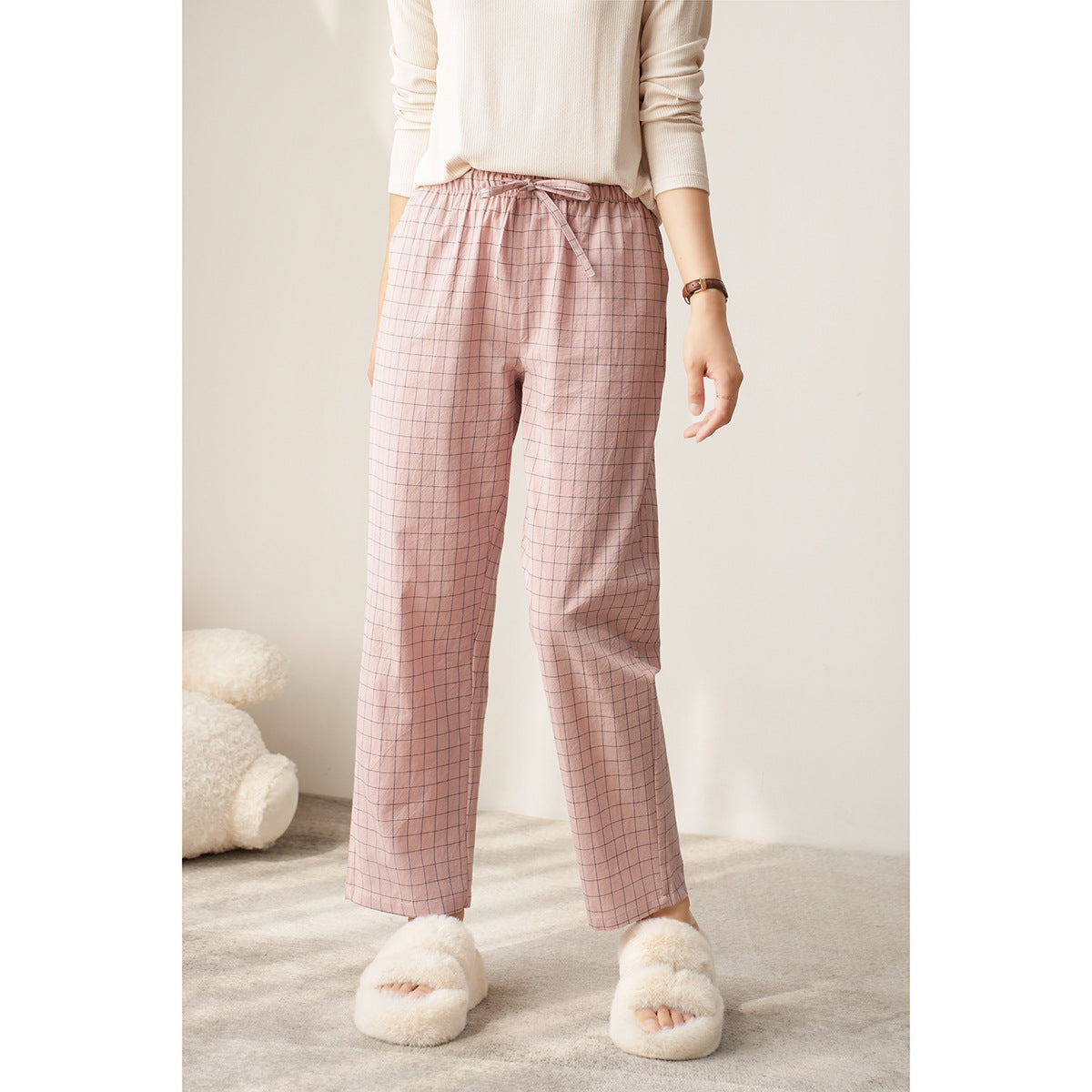 Couple Style Washed Home Pants for Men and Women, Pure Cotton Plaid Pajama Pants, Living Pants, Spring and Autumn Style, Japanese Warehouse Available for Wholesale