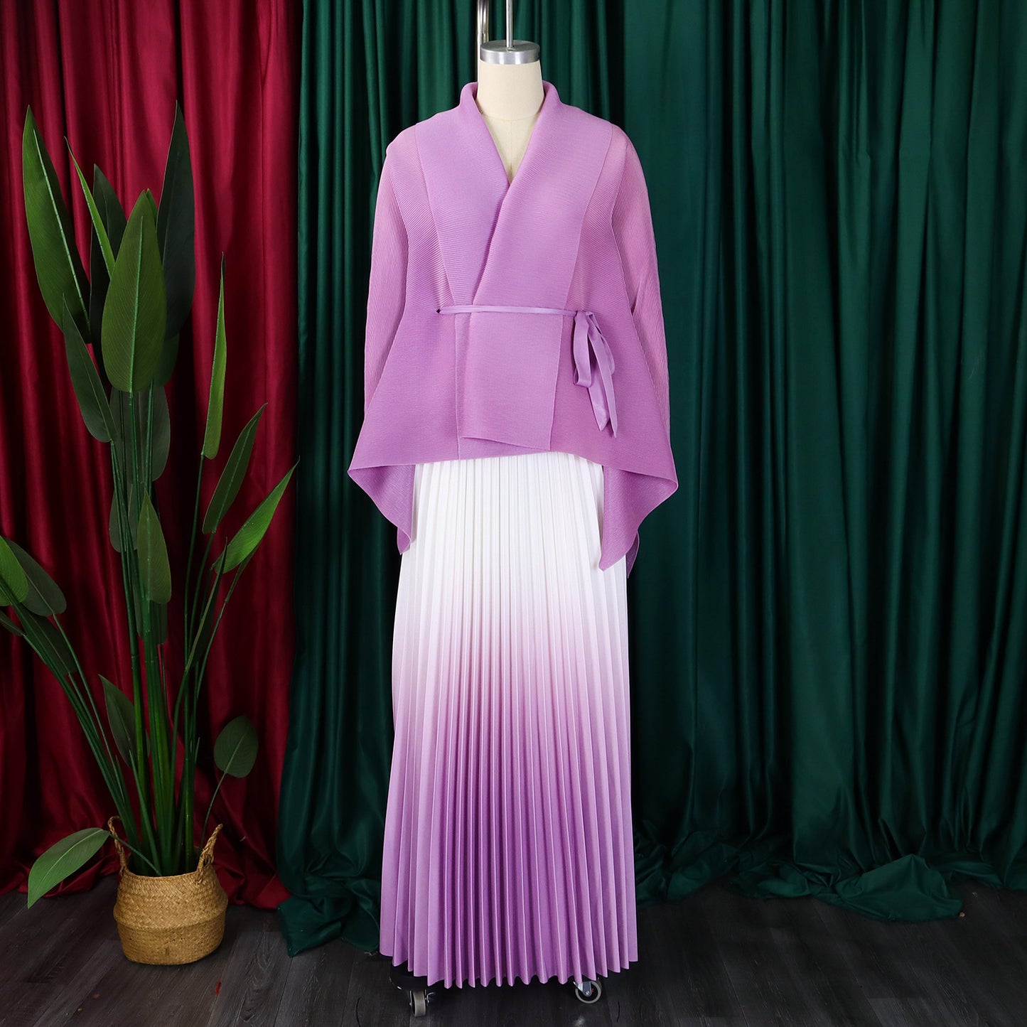 C8610 African plus size Women's Spring New Fashion Strap Bat Sleeve Top Gradient Color-changing Skirt Two-piece Set