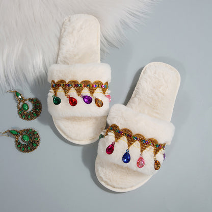 Thick-Soled Furry Slippers for Women in Autumn and Winter Indoor and Outdoor 2025 New Tassel Rhinestone Plush Slippers One-Line Cotton Slippers for Women