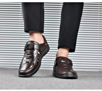 Leather cowhide special clearance shoes hollow leather sandals men's casual hole shoes middle-aged business dad shoes