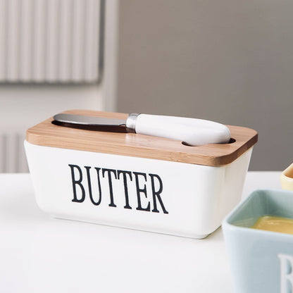 Ceramic Butter Box Rectangular Butter Sealing Box Cuttable Refrigerated Refrigerator Cheese Storage Box with Wooden Lid Butter Dish