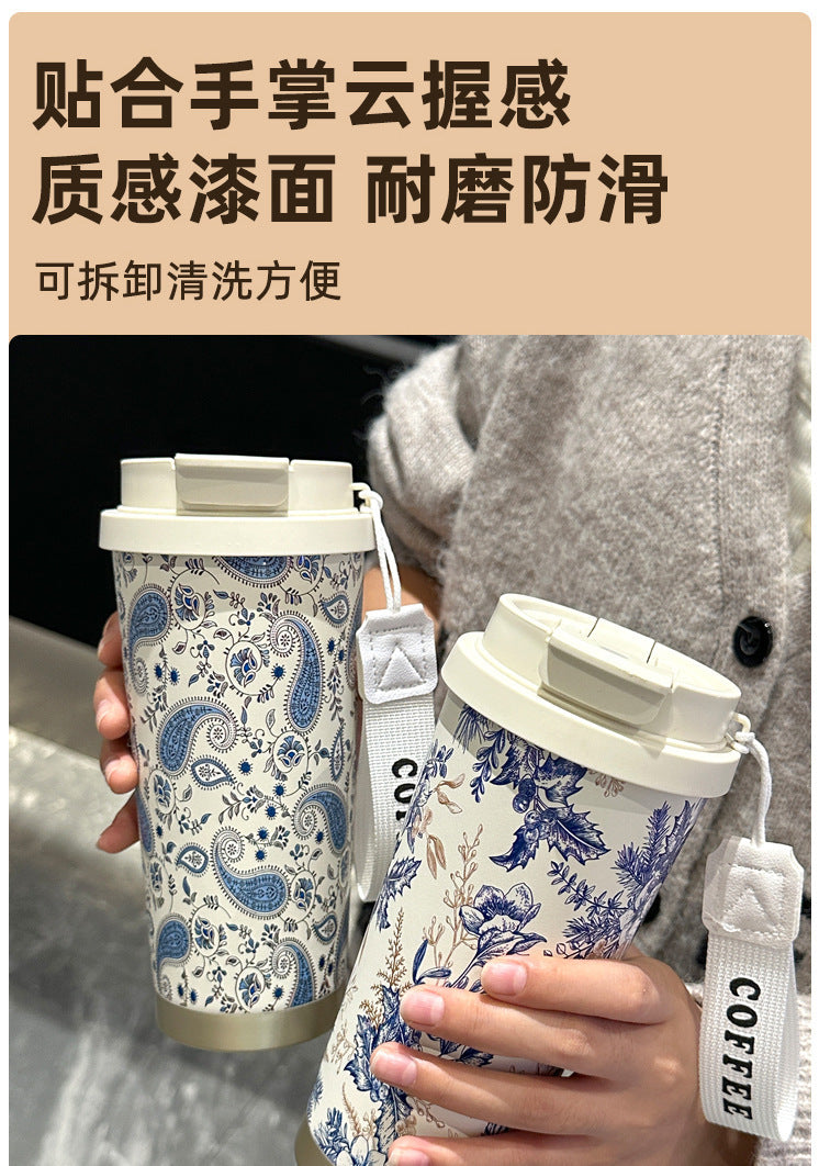 Factory Blue and White Porcelain Stainless Steel Overlord Tea Queen Flower Language Series Coffee Cup Portable Double Drinking Cup with Good Appearance