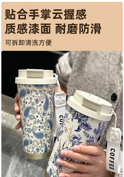 Factory Blue and White Porcelain Stainless Steel Overlord Tea Queen Flower Language Series Coffee Cup Portable Double Drinking Cup with Good Appearance