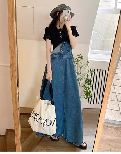 Age-Reducing and Slimming Denim Suspender Dress for Women, 2026 Autumn New Style, Loose Fit, Long Dress for Tall Women, Blue Dress