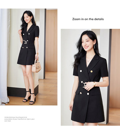 French Hepburn Style Small Black Dress High Sense High Cold Royal Sister Fried Street Small Fragrance Style Pleated Professional Suit dress Summer