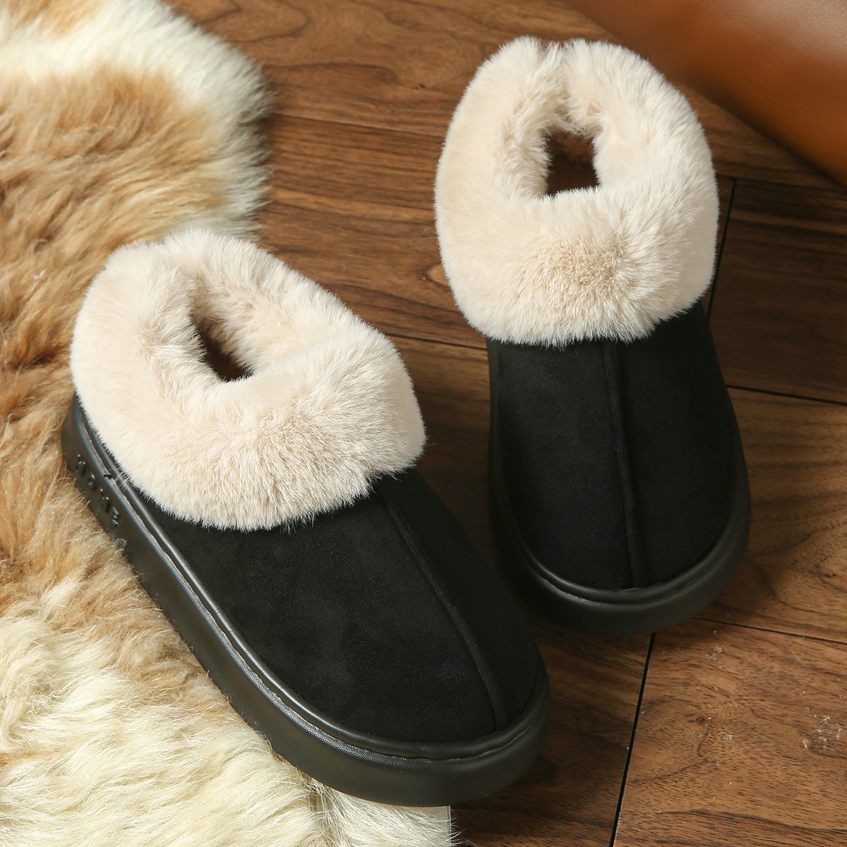 2025 Cross-Border New Pure Color Suede Splicing Home Slippers Thick-Soled Non-Slip Plush Warm Couple Cotton Shoes for Women