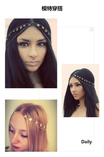 European and American new bohemian wafer layered hair chain female wedding jewelry multi-layer personalized Gypsy sequined head chain