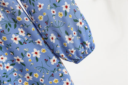 Cross-border Foreign Trade Floral Chiffon Long Dress Women's Spring Dress Long Sleeve Crewneck Base Skirt Waist Slim Long Dress