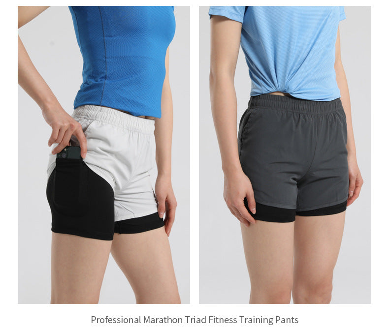 Men's Quick-drying Sports Shorts Fake Two-piece Fitness Triple Pants Marathon Running Pants Invisible Pocket for Mobile Phone