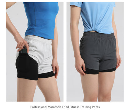Men's Quick-drying Sports Shorts Fake Two-piece Fitness Triple Pants Marathon Running Pants Invisible Pocket for Mobile Phone