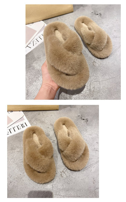 Foreign Trade Furry Slippers for Women 2025 Autumn and Winter New Korean Style Lazy Outer Wear Cross Thick-Soled Open-Toe Slippers for Outer Wear