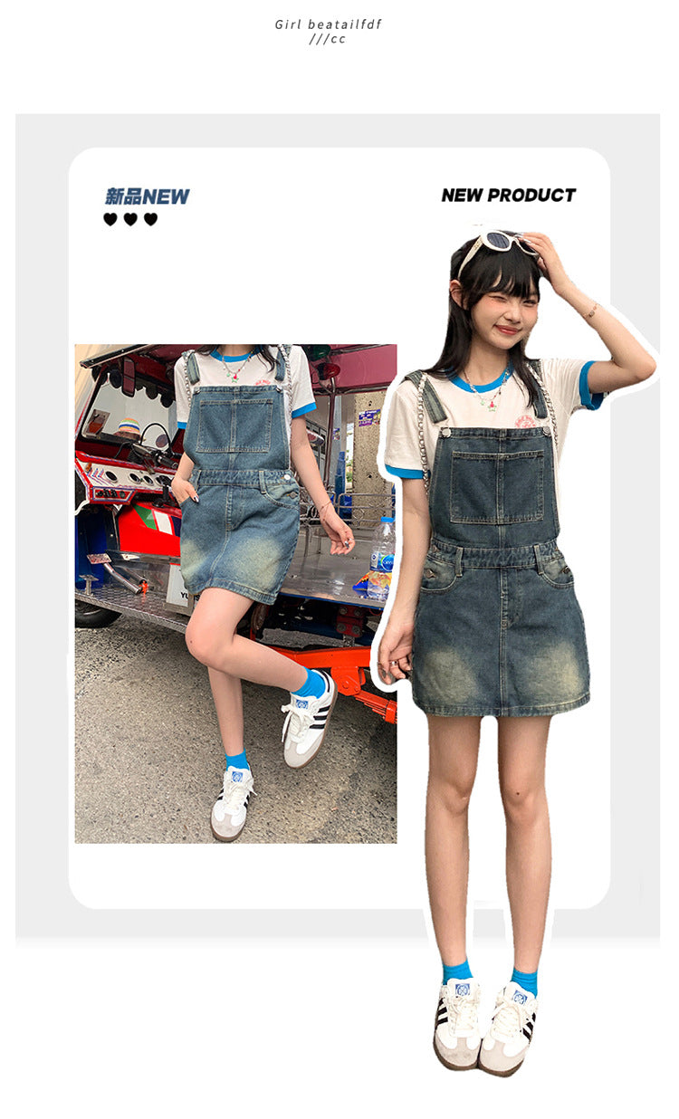 YC & American Retro Sweet Girl Strap Skirt A- line Skirt Slimming Joker dress Denim Skirt Spring and Summer