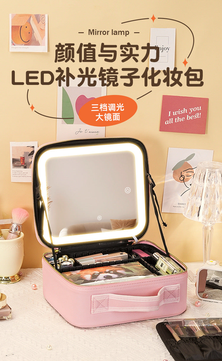 New Style Cosmetic Bag with Light and Mirror Led Light Rechargeable Portable Travel Makeup Cosmetics Cosmetics Bag Ins Style