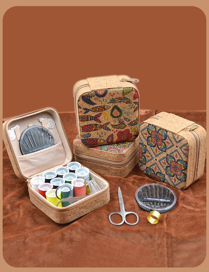 Retro Style Imitation Pu Leather Square Sewing Box Household Sewing and Mending Needle and Thread Set Portable Daily Essential Sewing Kit