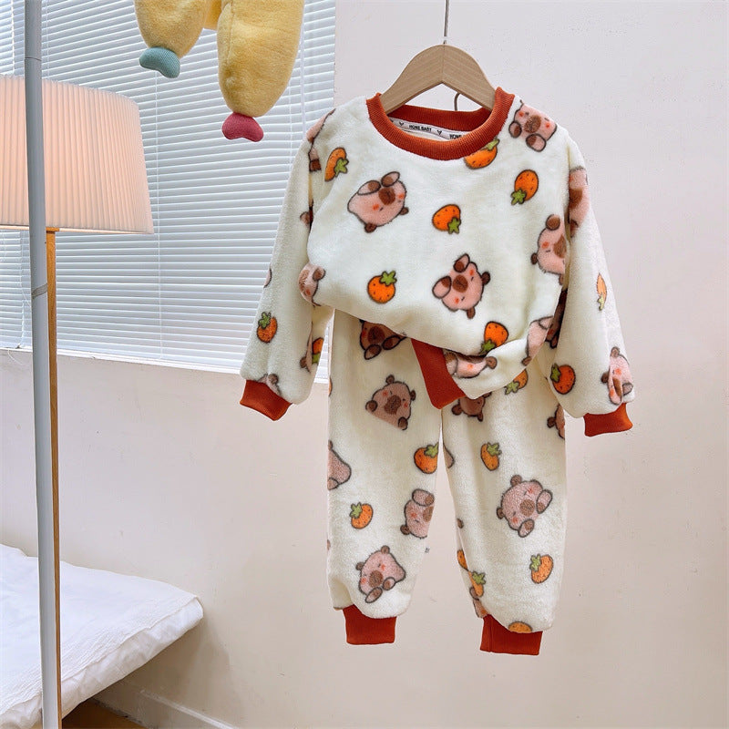 Men's and Women's Flannel Pajamas suit Autumn and Winter Middle and Big Children's Warm fleece-lined Thickened Autumn Clothes and Pants Home Clothes