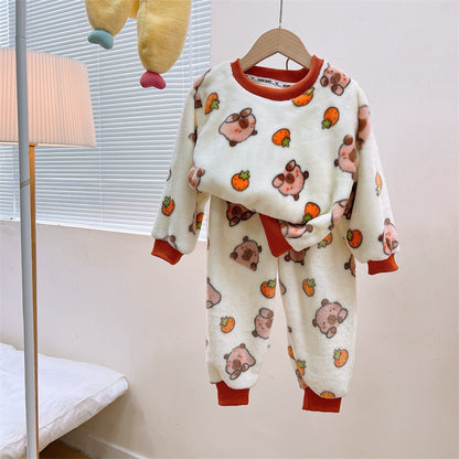 Men's and Women's Flannel Pajamas suit Autumn and Winter Middle and Big Children's Warm fleece-lined Thickened Autumn Clothes and Pants Home Clothes