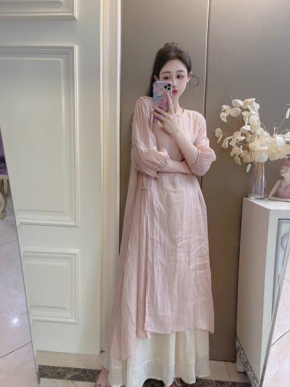 Summer New Style Quality Ramie Handmade Buckle Lace Lace Guofeng dress Double-Layer Skirt suit