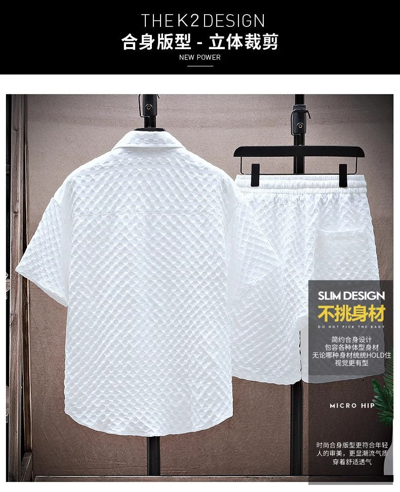 Thin sports leisure two-piece 2024 summer ice silk suit men's ruffian handsome fashion short sleeve shirt shorts set