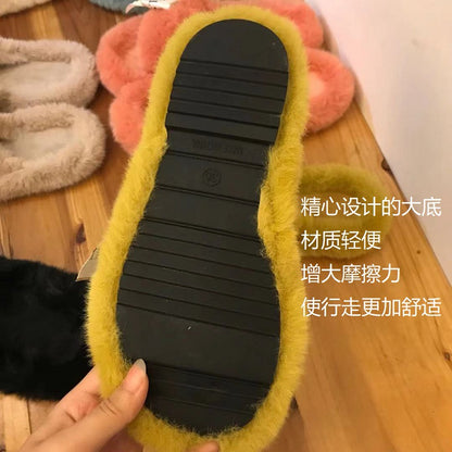 Foreign Trade Furry Slippers for Women 2025 Autumn and Winter New Korean Style Lazy Outer Wear Cross Thick-Soled Open-Toe Slippers for Outer Wear