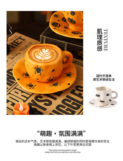 Creative Halloween-Themed Ceramic Cup and Saucer, Irregular Personalized Coffee Cup and Saucer with Pumpkin and Bat Patterns