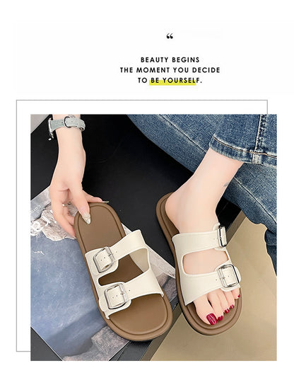 Cross-Border Slippers for Women Summer Flat Slippers Southeast Asia New Double Buckle Foreign Trade Fashion Outer Wear Beach Sandals