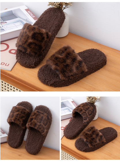2025 Autumn and Winter Furry Slippers, Leopard Print, Retro Fashion, Home Lazy Soft Sole, Comfortable Home Slippers