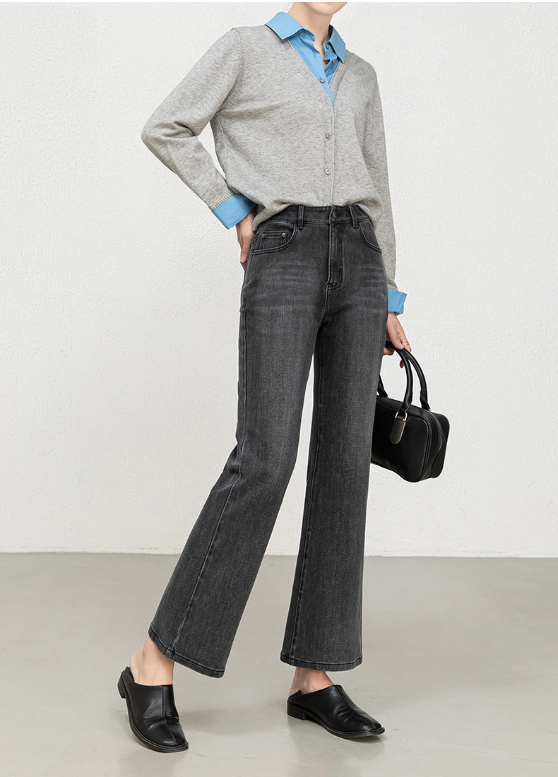 Miaoyu Nine-Point Flared Pants for Women, High-Waisted, Slimming, Nine-Point Jeans, Spring 2026, Four-Way Stretch Bell-Bottom Pants