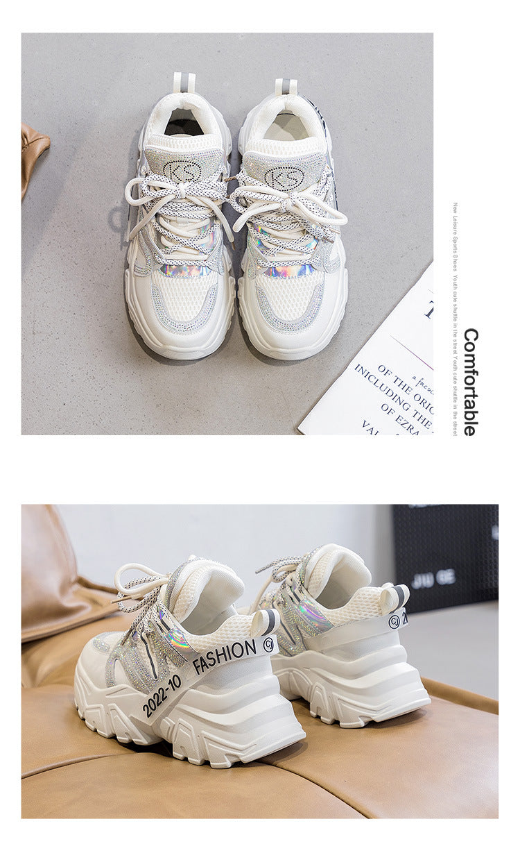 2026 Spring and Autumn Style Dad Shoes, Internet Celebrity Rhinestone Breathable Genuine Leather Shoes for Petite People, Popular Purple Thick-Soled Sports Shoes, Trendy on Instagram