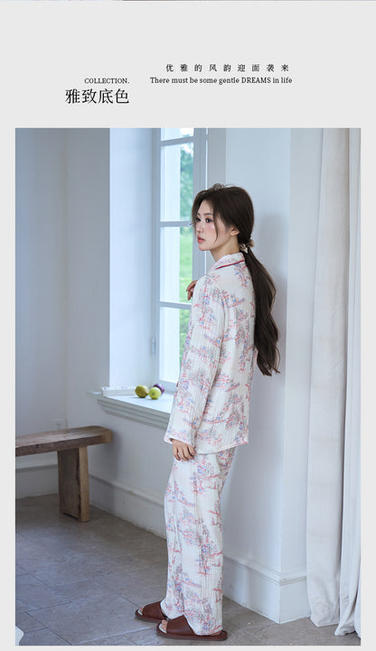 New Cotton Thickened Edge Four-Layer Gauze Women's Pajamas Cotton Warm Long-Sleeved Home Clothes for Autumn and Winter suit