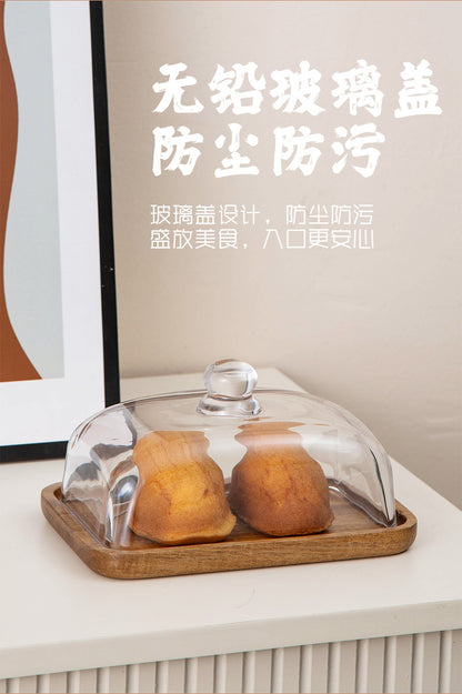 Bamboo and Wood Cake Plate Transparent Glass Display Dinner Plate Dessert Cake Western Food Plate with Table Cream Plate Cross-border Foreign Trade