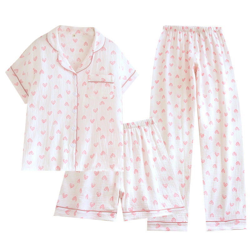 Various Style Spring and Summer Cotton Crepe Pajamas Sweet Three-Piece Short-Sleeved Trousers Spring and Autumn Loose Casual suit