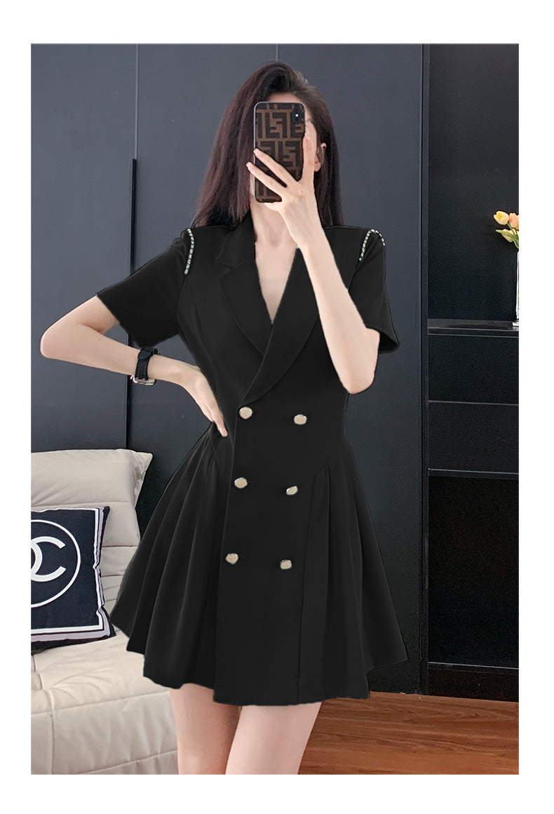 French Hepburn Style Small Black Dress High Sense High Cold Royal Sister Fried Street Small Fragrance Style Pleated Professional Suit dress Summer