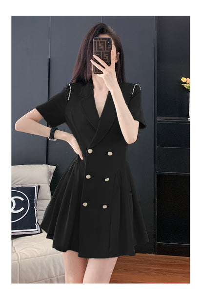 French Hepburn Style Small Black Dress High Sense High Cold Royal Sister Fried Street Small Fragrance Style Pleated Professional Suit dress Summer