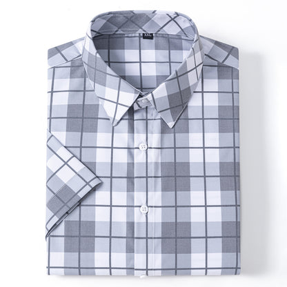 New 2025 Summer New Men's Short-Sleeved Bamboo Fiber Plaid Shirt Casual Half-Sleeved Pocketless Men's Lining