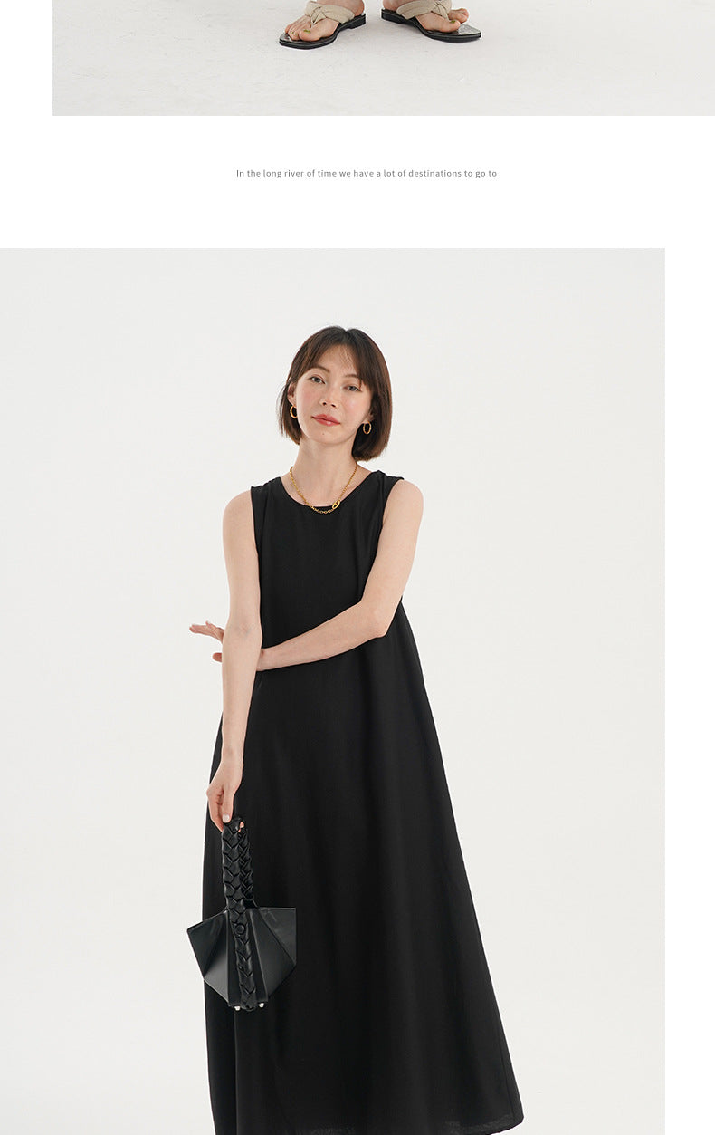 Korean Chic2026 Summer French Design Loose Backless Sleeveless Vest Dress Casual Age-Reducing Long Dress