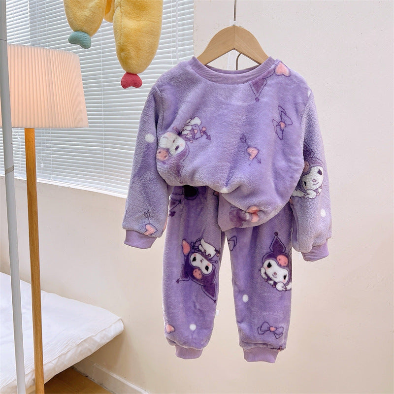 Men's and Women's Flannel Pajamas suit Autumn and Winter Middle and Big Children's Warm fleece-lined Thickened Autumn Clothes and Pants Home Clothes