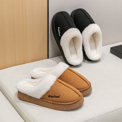 Cotton Slippers for Women, Autumn and Winter Home Use, Indoor Baotou Couple Style Plush Warm Anti-Slip Cotton Slippers for Men