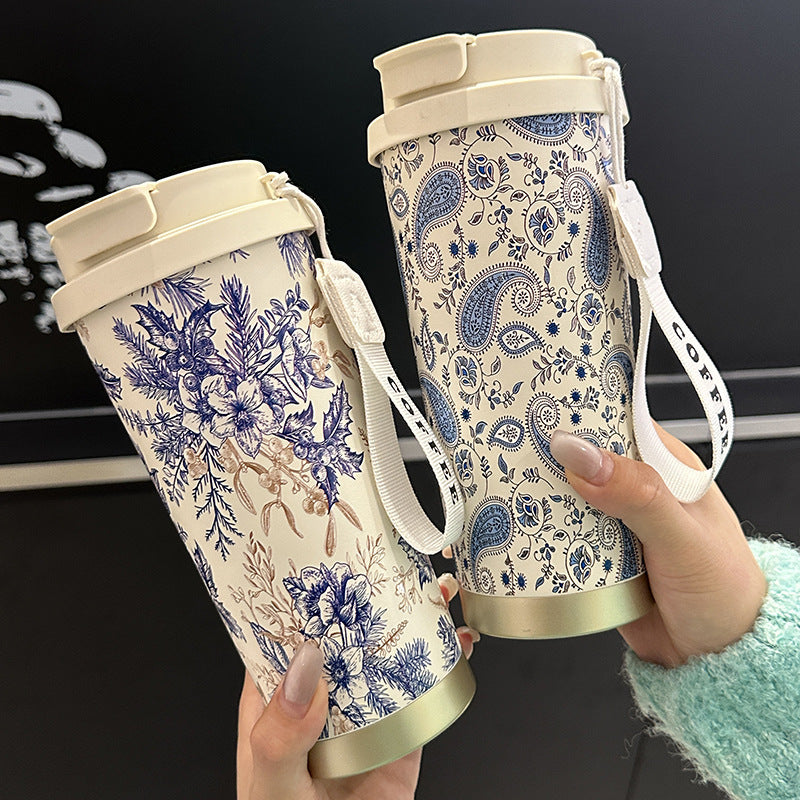 Factory Blue and White Porcelain Stainless Steel Overlord Tea Queen Flower Language Series Coffee Cup Portable Double Drinking Cup with Good Appearance