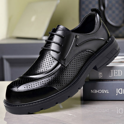 Men's Business Casual Leather Shoes with Large Toe, Thick Sole, Lace-Up, Hollow-Out Design, Fashionable British Style, Versatile Formal Men's Shoes, Breathable