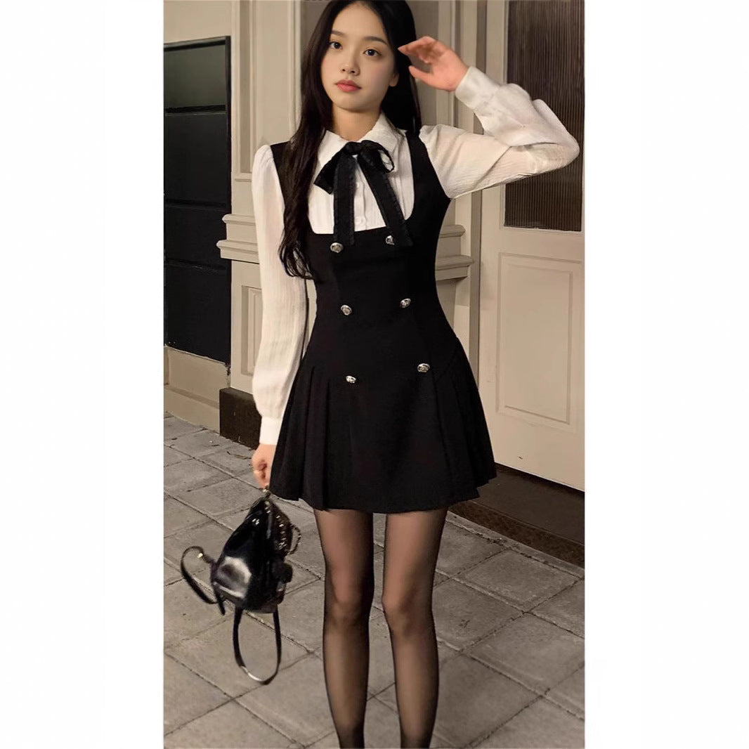 French dress Autumn Fake Two-piece Long-sleeved Slim 2025 New College Style Bow Fake Two-piece dress