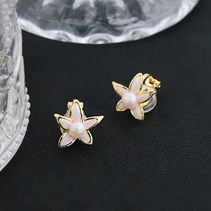 Original Handmade Natural Pearl Five-Petal Cherry Blossom Ear Clip Simple Niche High-End S925 Sterling Silver Earrings Ear Jewelry