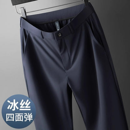 Wholesale men's ice silk trousers new casual pants men's slim-fit high stretch pants men's non-ironing black business men