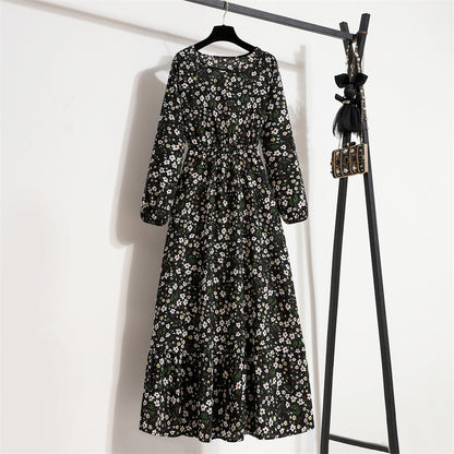 Cross-border Foreign Trade Floral Chiffon Long Dress Women's Spring Dress Long Sleeve Crewneck Base Skirt Waist Slim Long Dress