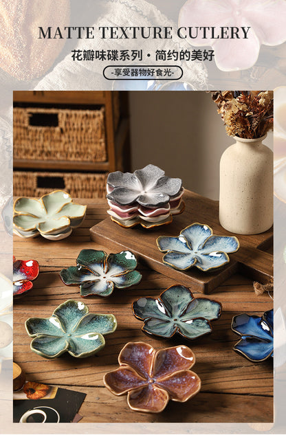 Retro Japanese Ceramic Plate Flower-Shaped Small Plate Creative Flavor Plate Dipping Plate Small Dish Multi-Color Kiln-Turned Plate