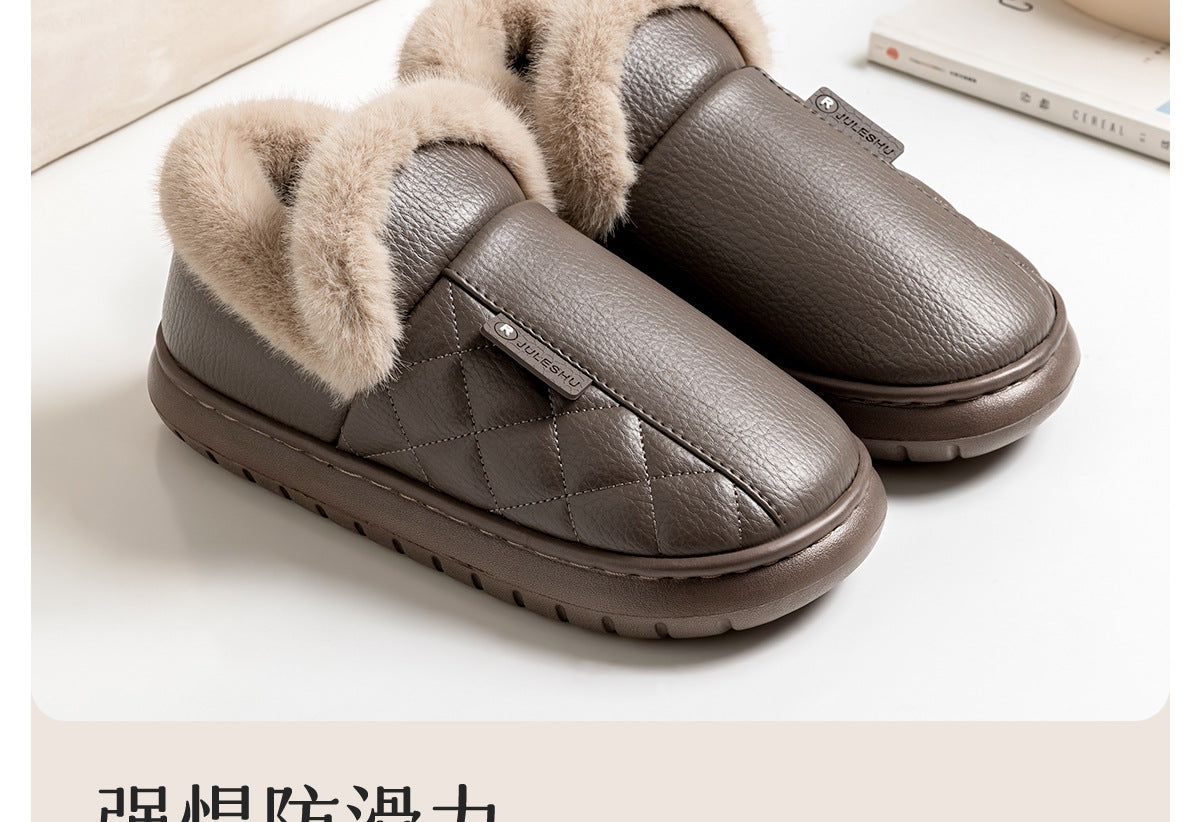 Waterproof Cotton Slippers for Women, Autumn and Winter 2026 New Model, Home Warm Indoor Shoes with Thick Soles, Non-Slip Leather Surface Cotton Shoes for Elderly Men