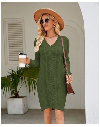 Cross-Border European and American Clothing Pure Color V Neck Long Sweater Dress Autumn and Winter Fashion Elegant Cable Bottoming Knitted Dress